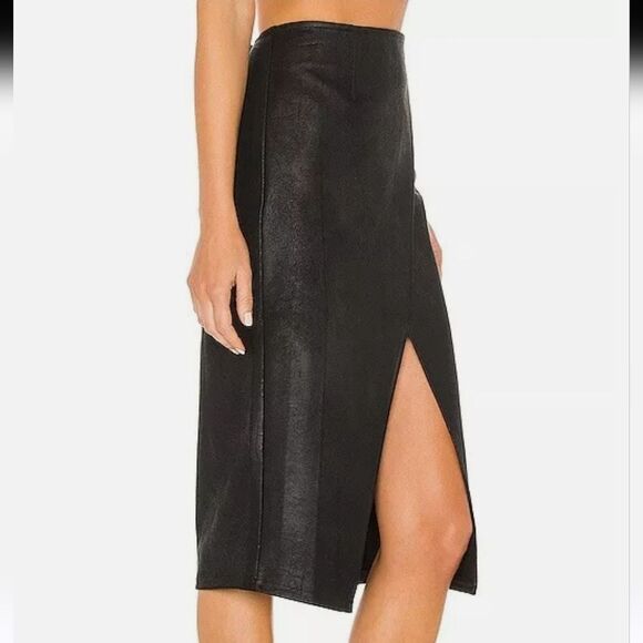 Free People Whitney Black Faux Leather Front Slit Midi Skirt Size M - Picture 2 of 10